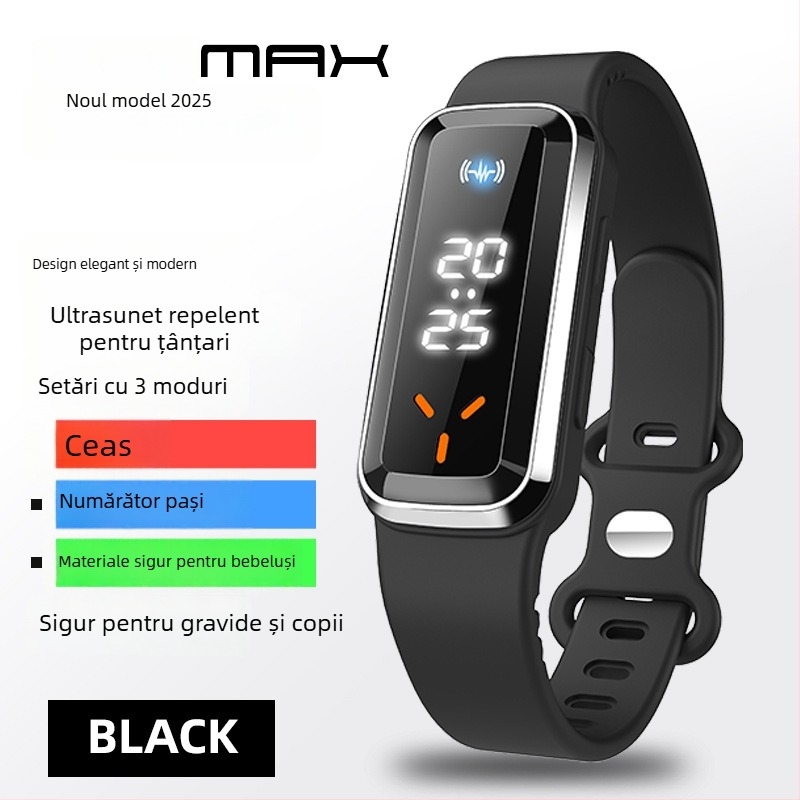 DIROSE Bratara cu ultrasunete pentru țânțari cu pedometru, baterie încorporată până la 500 mAh, acoperire de 10 m², Carcasă ABS