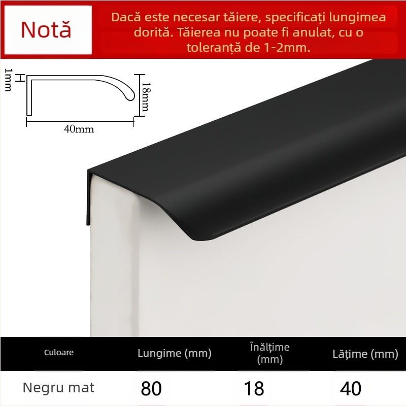 Mâner invizibil pentru uși de dulap, design încastrat, stil modern minimalist, model Large arc, aliaj de aluminiu forjat