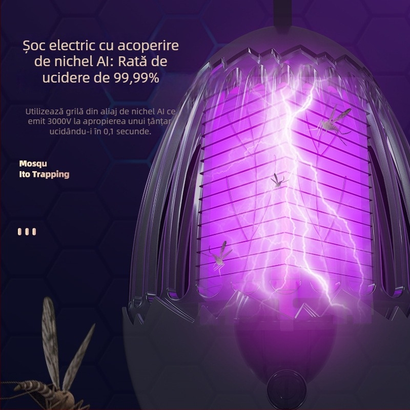 Lampa pentru țânțari cu șoc electric și încărcare USB — pentru interior și exterior, capcana cu LED, baterie încorporată 1600-2000 mAh, timp de încărcare 5-8 ore, autonomie 3-6 ore, acoperire 11-20 m²