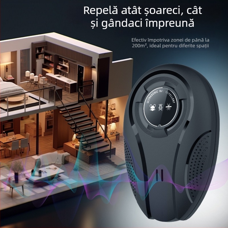 Repelent ultrasonic pentru dăunători W28 – frecvență variabilă inteligentă, vizând șoareci, țânțari și gândaci; 220V, 12–100 kHz, 1.5W, cu încărcare.