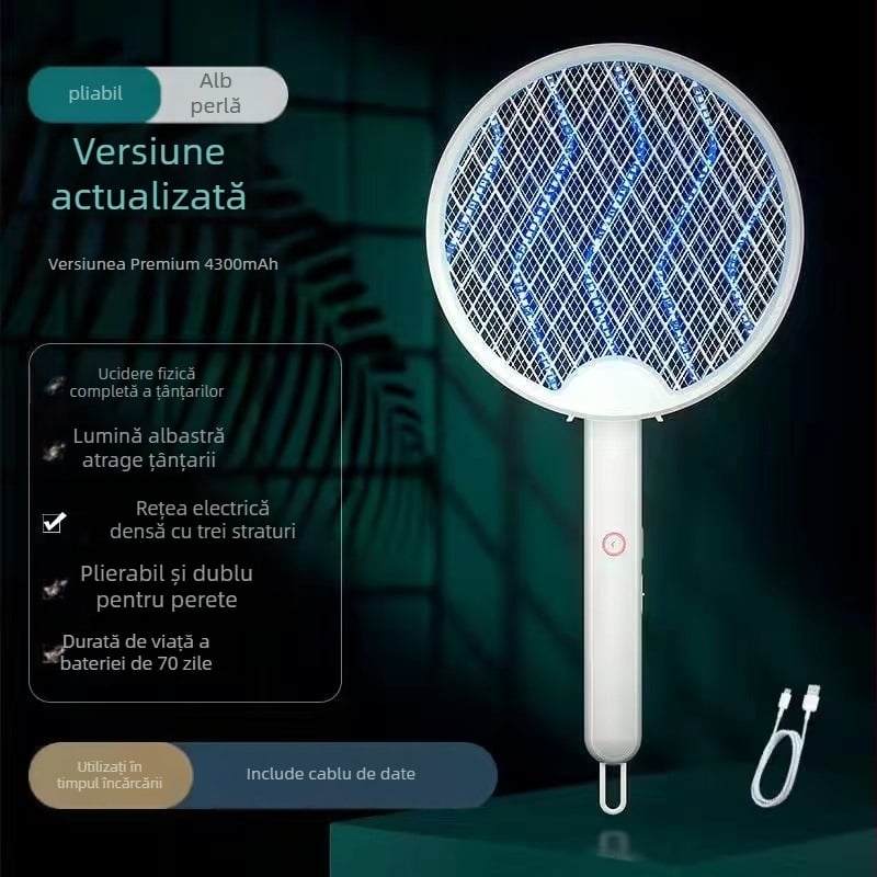 Rachetă electrică anti-țânțari - pliabilă, 4 în 1, USB încărcare, rotație 0–180°, baterie încorporată de 1000 mAh