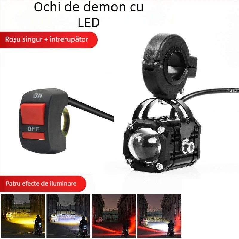 Proiector pentru motocicletă Ochiul Diavolului cu fascicul roșu intermitent, lentilă nouă, fascicul distant și apropiat, 8V