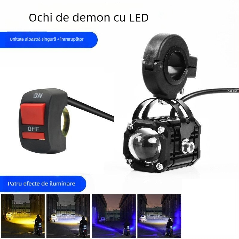Proiector pentru motocicletă Ochiul Diavolului cu fascicul roșu intermitent, lentilă nouă, fascicul distant și apropiat, 8V