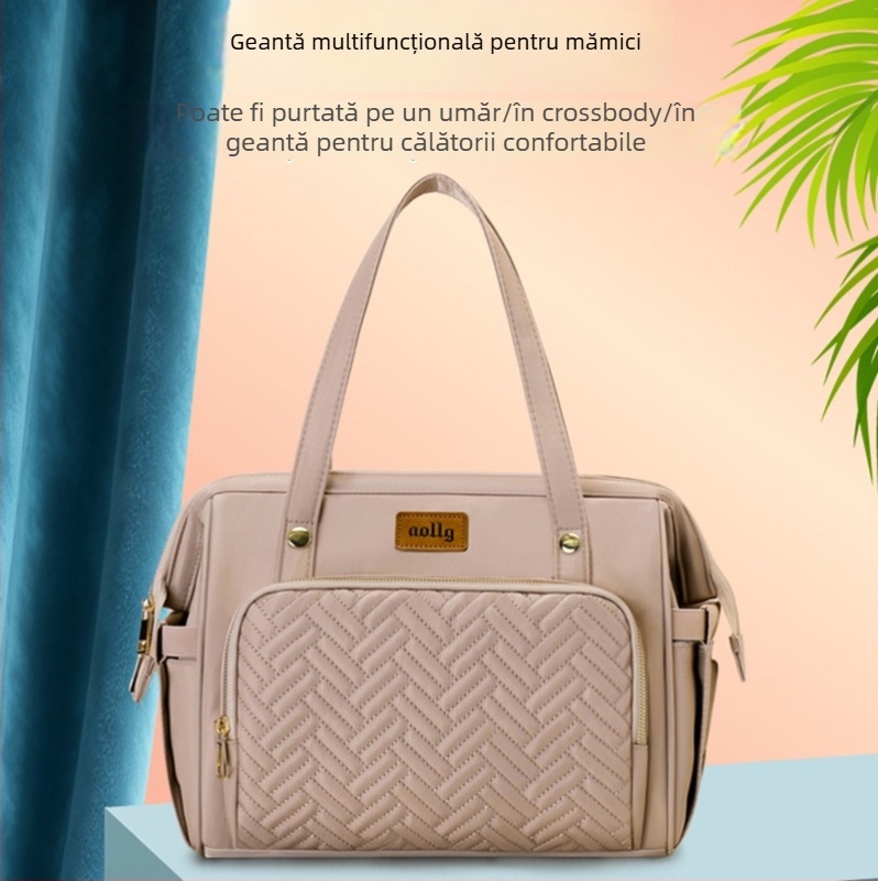 Geantă pentru mamă și bebeluș cu capacitate mare, izolație termică, multifuncțională, curea de umăr; exterior din nailon, model în carouri, căptușită cu poliester