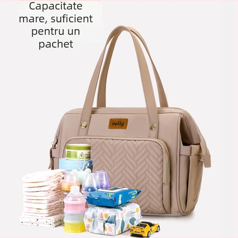 Geantă pentru mamă și bebeluș cu capacitate mare, izolație termică, multifuncțională, curea de umăr; exterior din nailon, model în carouri, căptușită cu poliester