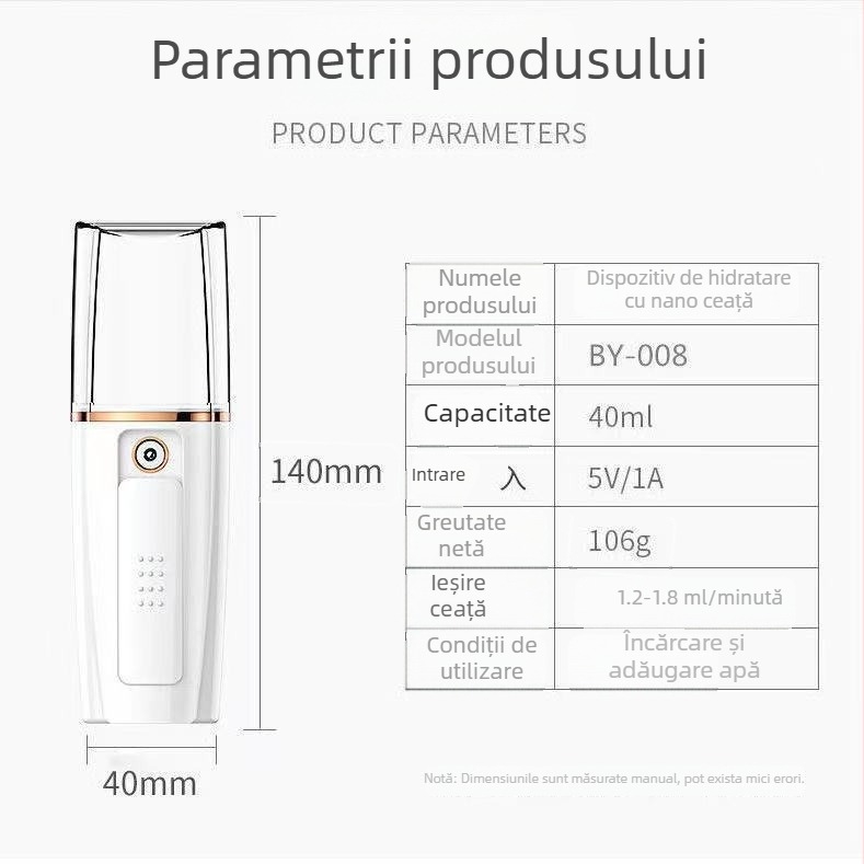 Dispozitiv de hidratare a feței cu ceață, instrument de înfrumusețare portabil și reîncărcabil, Modelul 008, ceață rece, până la 10 s
