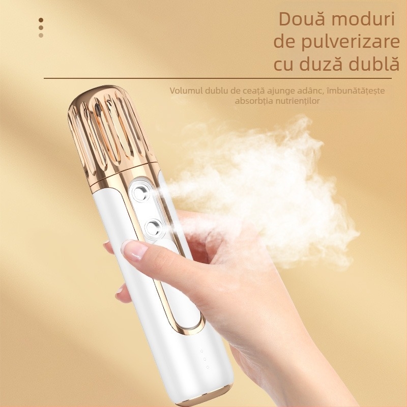 Dispozitiv de abur facial cu dublu pulverizator, dispozitiv portabil de hidratare, baterie încorporată 1000–1200 mAh, treapta a II-a, pulverizare rece, oprire automată