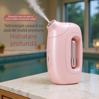 Myleno Dispozitiv facial portabil: ceață nano de înaltă presiune, pulverizator de hidratare, ceață rece; oprit automat; baterie încorporată 300–500 mAh; autonomie 1–3 h; ieșire ceață ≤10 s