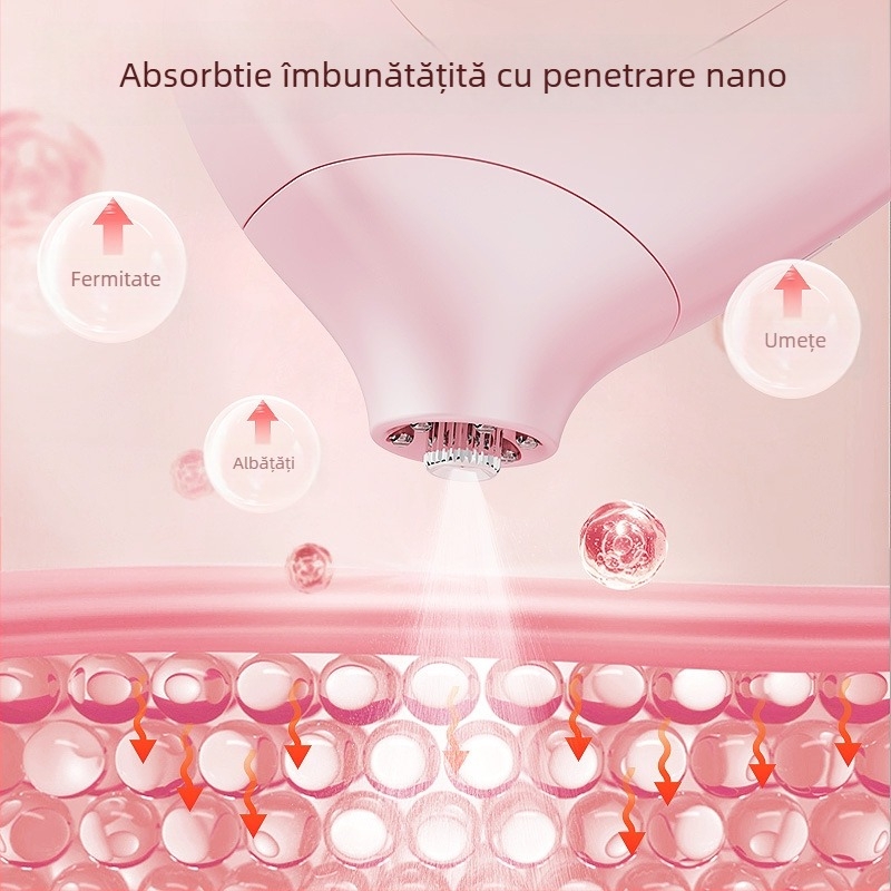 Myleno Dispozitiv facial portabil: ceață nano de înaltă presiune, pulverizator de hidratare, ceață rece; oprit automat; baterie încorporată 300–500 mAh; autonomie 1–3 h; ieșire ceață ≤10 s