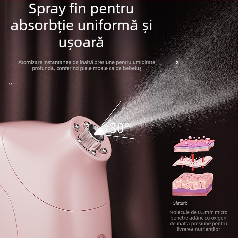 Myleno Dispozitiv facial portabil: ceață nano de înaltă presiune, pulverizator de hidratare, ceață rece; oprit automat; baterie încorporată 300–500 mAh; autonomie 1–3 h; ieșire ceață ≤10 s