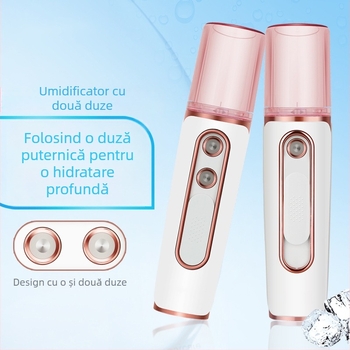 Dispozitiv de hidratare cu duză dublă, aparat portabil pentru față cu încărcare USB, mini umidificator cu ceață rece, baterie încorporată 1200-2000 mAh, autonomie până la 1 oră