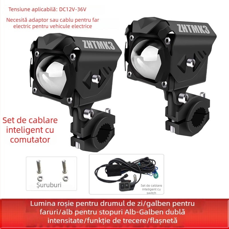Proiector LED pentru motocicletă cu lentilă universală, 12-36V, 60W (pereche), aliaj de aluminiu + PC, cu capac, MK3