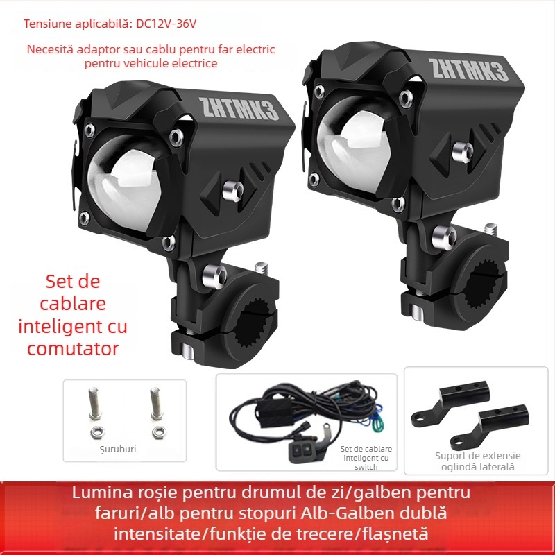 Proiector LED pentru motocicletă cu lentilă universală, 12-36V, 60W (pereche), aliaj de aluminiu + PC, cu capac, MK3