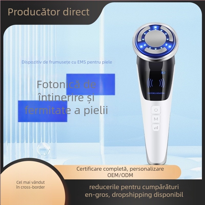 Dispozitiv de masaj facial EMS portabil, cu comprimare caldă și lumină colorată, baterie încorporată 500–800 mAh