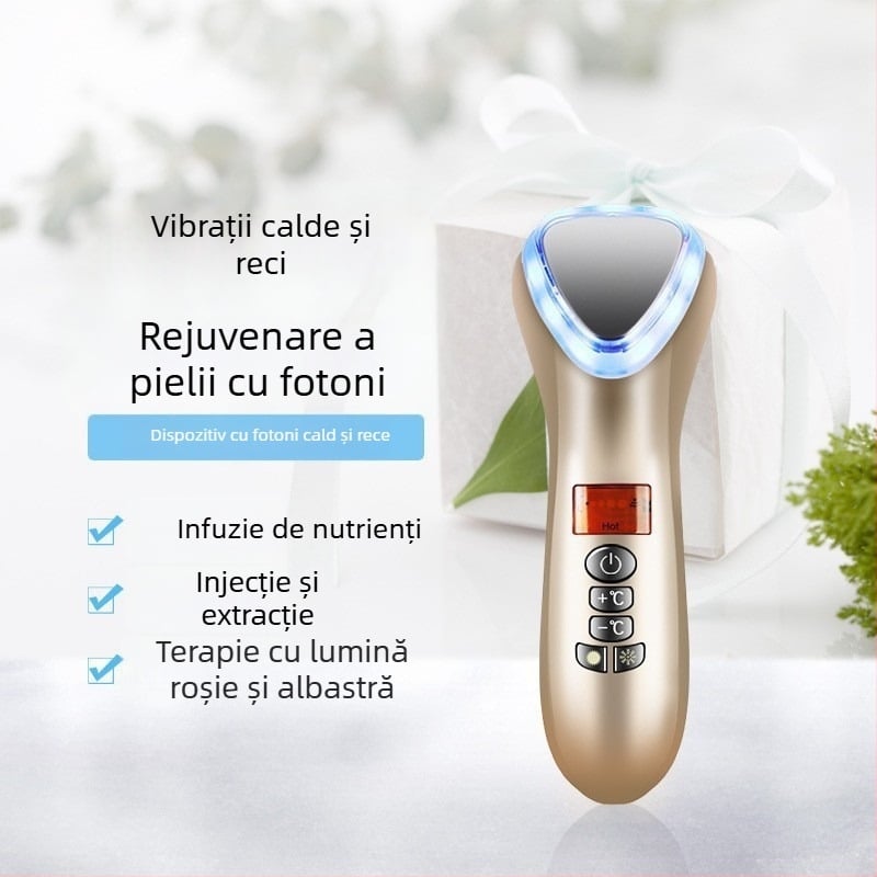 Dispozitiv facial portabil cu terapie caldă/rece, rejuvenarea pielii, infuzie cu apă și lumină, baterie încorporată 1000–1200 mAh, portabil pentru uz casnic