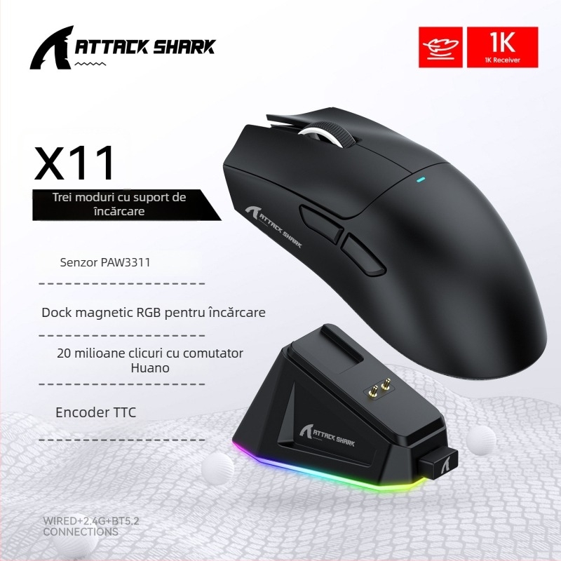 Attack Shark X11 Mouse fără fir cu senzor PAW3311, 22000 DPI, 7 butoane, Bluetooth + 2.4G, ergonomic, Bază RGB de Încărcare