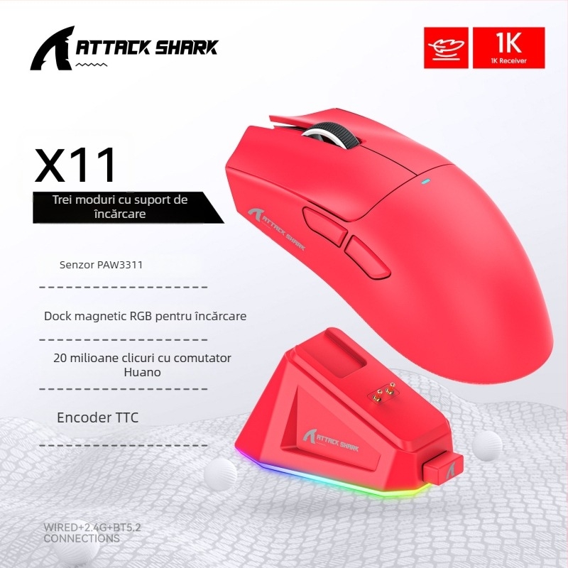 Attack Shark X11 Mouse fără fir cu senzor PAW3311, 22000 DPI, 7 butoane, Bluetooth + 2.4G, ergonomic, Bază RGB de Încărcare
