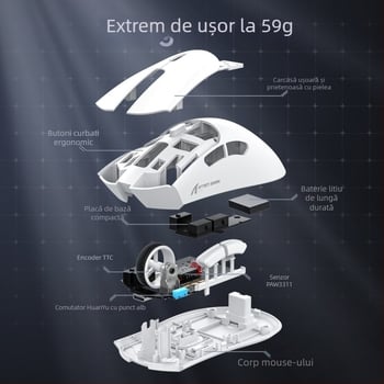 Attack Shark R1 mouse de joc cu senzor PAW3311, 18000 DPI, 6 butoane, trei moduri de conectare: USB, Bluetooth și wireless