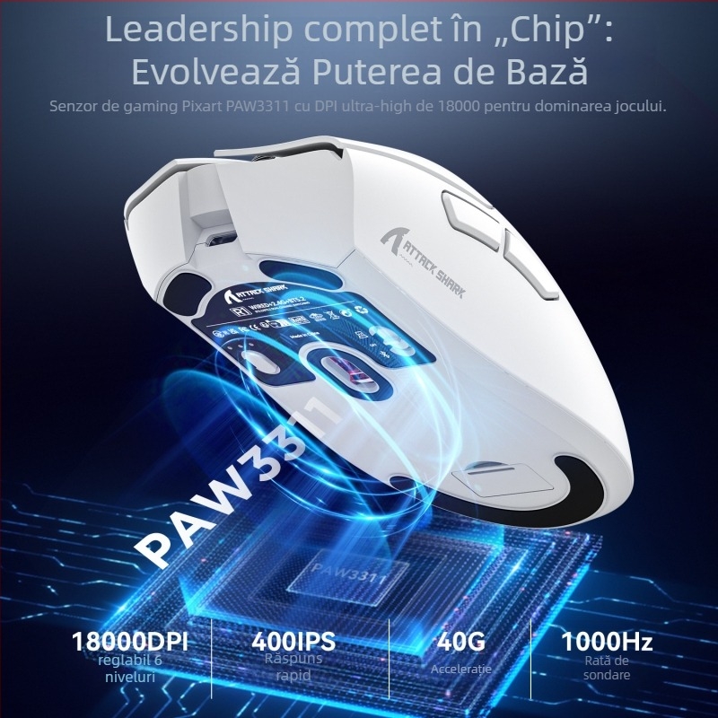 Attack Shark R1 mouse de joc cu senzor PAW3311, 18000 DPI, 6 butoane, trei moduri de conectare: USB, Bluetooth și wireless