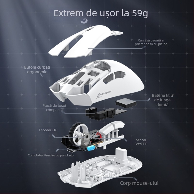 Attack Shark R1 mouse de joc cu senzor PAW3311, 18000 DPI, 6 butoane, trei moduri de conectare: USB, Bluetooth și wireless