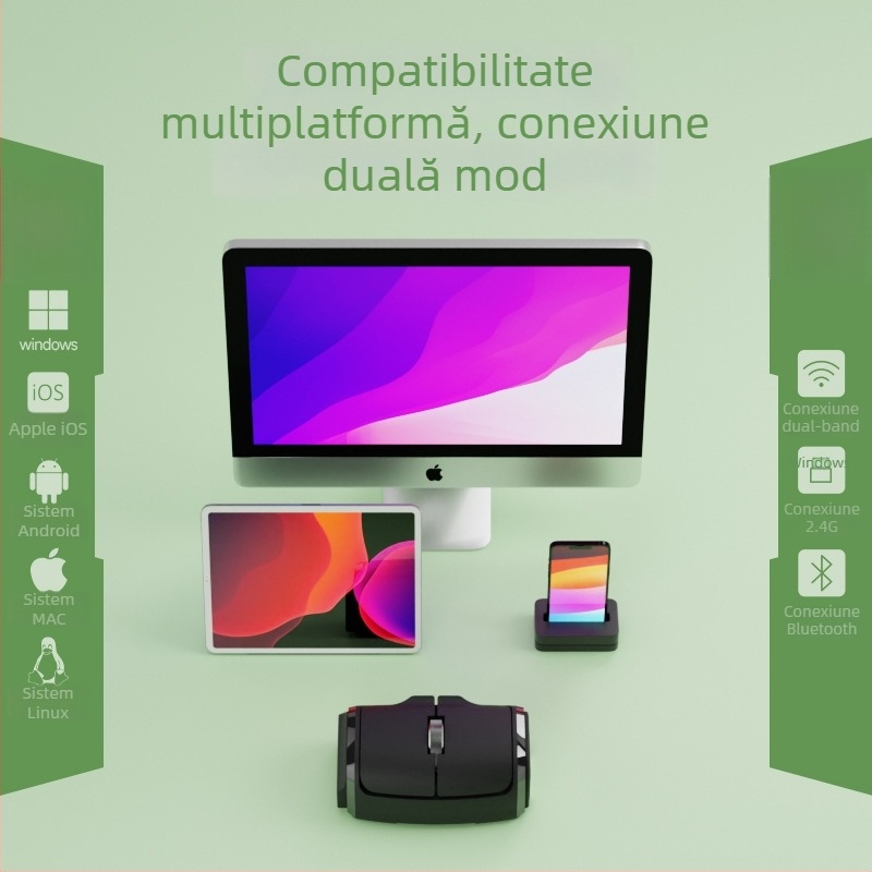 Mouse Bluetooth inelar mini, dual-mod 2.4G + Bluetooth, 1000dpi, 3 butoane, reîncărcabil