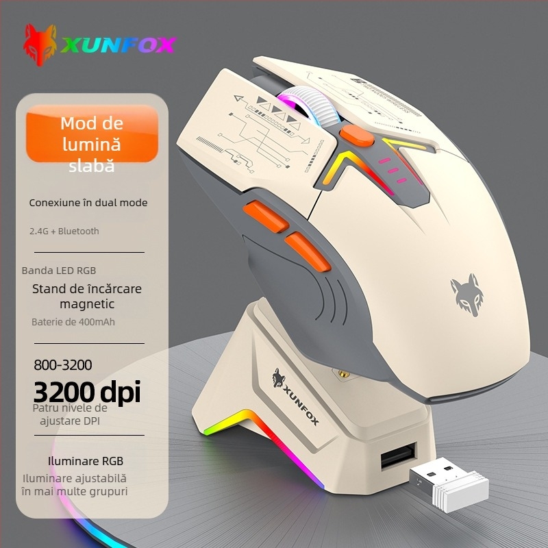 Mouse wireless Bluetooth în modul dual, cu iluminare RGB, 1600 DPI, 7 butoane, interfață USB, 2.4G+Bluetooth, baterie reîncărcabilă încorporată și bază de încărcare