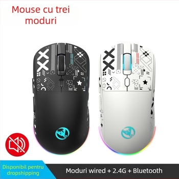 Mouse optic, conectare în trei moduri: 2.4G/Bluetooth/wired, 3600 dpi, 6 butoane, design ergonomic