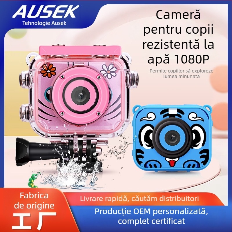 Mini cameră sport pentru copii, impermeabilă — senzor CMOS 12MP 1/2.3 inch; Impermeabilă, rezistentă la praf, antișoc; ecran HD de 2.0 inch; Durata bateriei 80 de minute; Stocare cu card TF