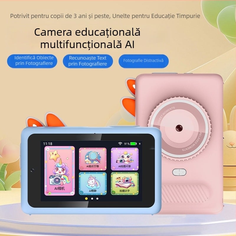 Cameră AI pentru învățare digitală pentru copii - Model X5; Stocare TF-card; Durata bateriei peste 5 ore; Învățare AI interactivă; Funcții: etichete foto, video, filtre, fotografiere