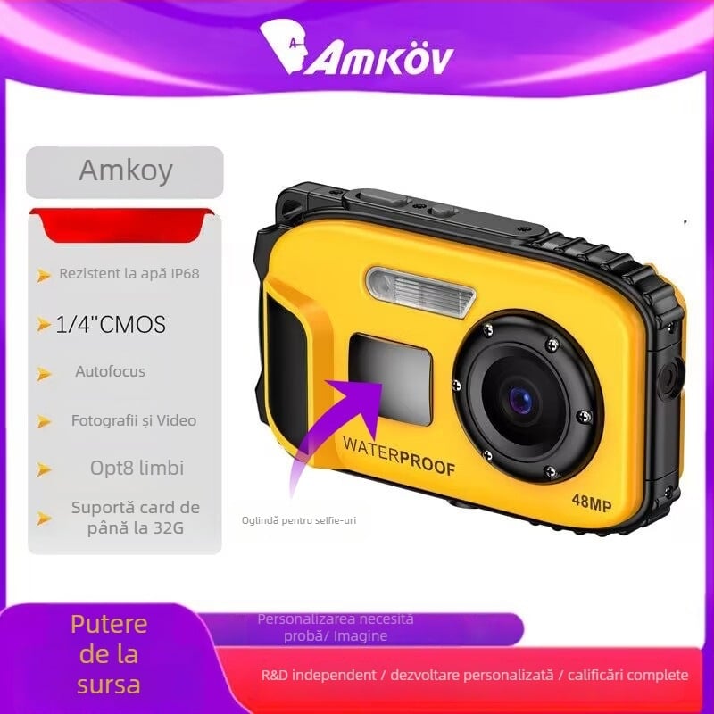 AMKOV WD01 Cameră digitală sport impermeabilă IP68 până la 5 m, 24MP CMOS, obiectiv periscop, USB 2.0, stocare cu card SD