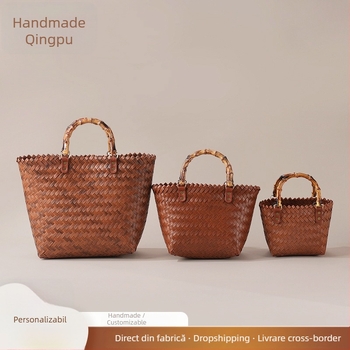 Geantă din paie împletită manual, stil de călătorie relaxat, formă verticală pătrată, buzunar interior cu fermoar, deschidere deschisă