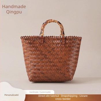 Geantă din paie împletită manual, stil de călătorie relaxat, formă verticală pătrată, buzunar interior cu fermoar, deschidere deschisă