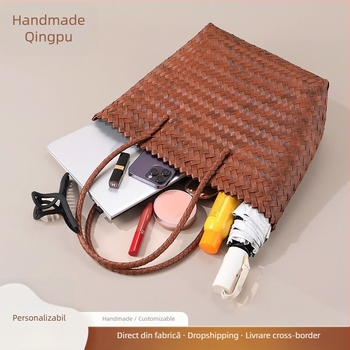 Geantă din paie împletită manual, stil de călătorie relaxat, formă verticală pătrată, buzunar interior cu fermoar, deschidere deschisă
