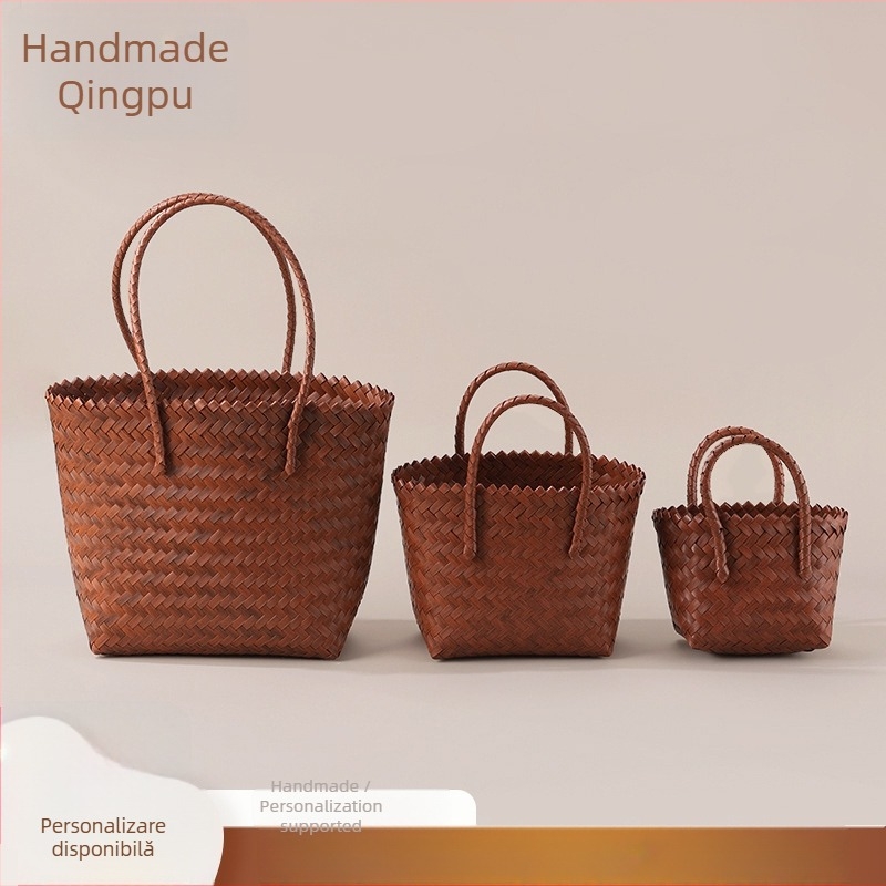 Geantă din paie împletită manual, stil de călătorie relaxat, formă verticală pătrată, buzunar interior cu fermoar, deschidere deschisă