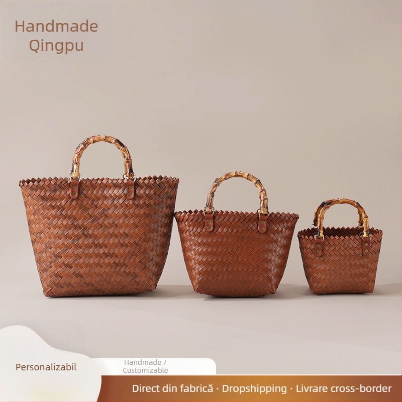 Geantă din paie împletită manual, stil de călătorie relaxat, formă verticală pătrată, buzunar interior cu fermoar, deschidere deschisă