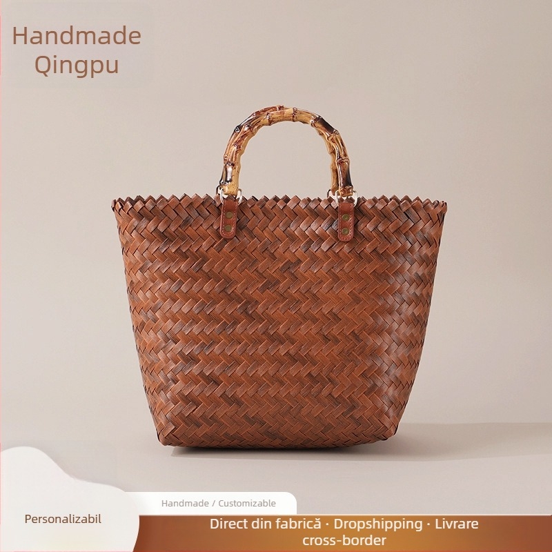 Geantă din paie împletită manual, stil de călătorie relaxat, formă verticală pătrată, buzunar interior cu fermoar, deschidere deschisă