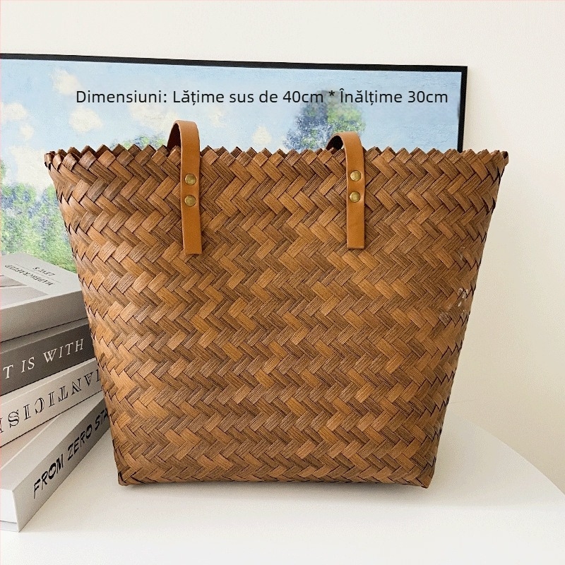 Geantă din paie împletită manual, stil de călătorie relaxat, formă verticală pătrată, buzunar interior cu fermoar, deschidere deschisă