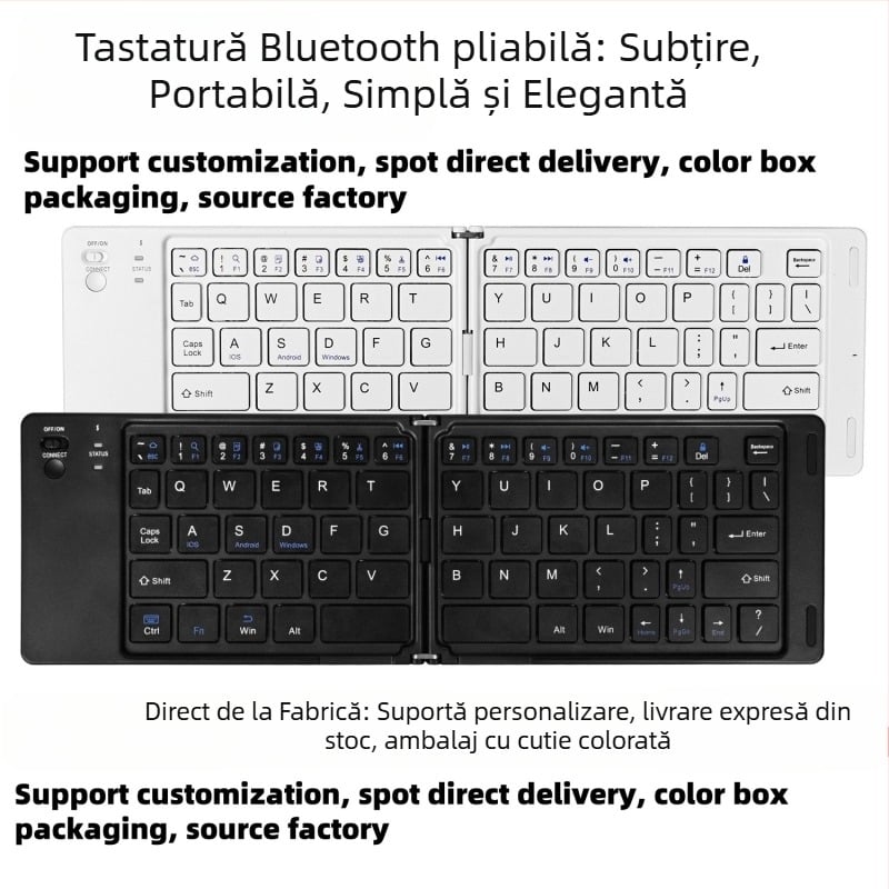 Tastatură Bluetooth pliabilă – 67 taste, wireless, design pliabil, comutator optic, corp ABS, 295×92×15 mm, 170 g, fără iluminare