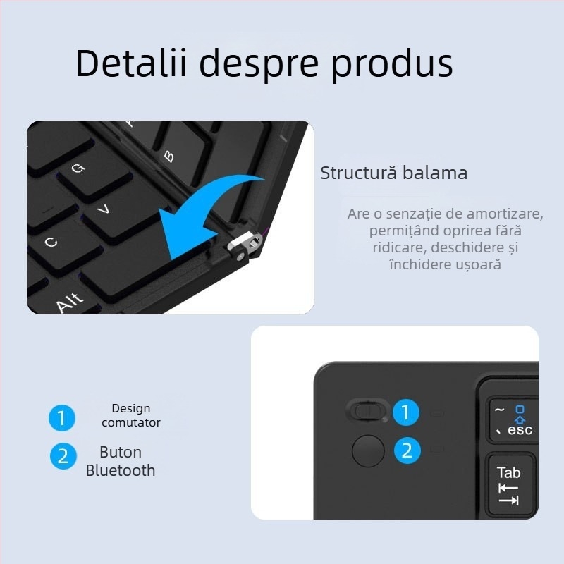 Tastatură Bluetooth pliabilă – 67 taste, wireless, design pliabil, comutator optic, corp ABS, 295×92×15 mm, 170 g, fără iluminare