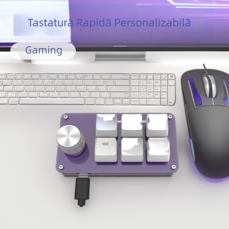Keypad personalizat cu 6 taste pentru jocuri și scurtături de design; corp acrilic, switch-uri mecanice cu ax verde, interfață USB, suport pentru personalizare, copiere și lipire cu un singur buton