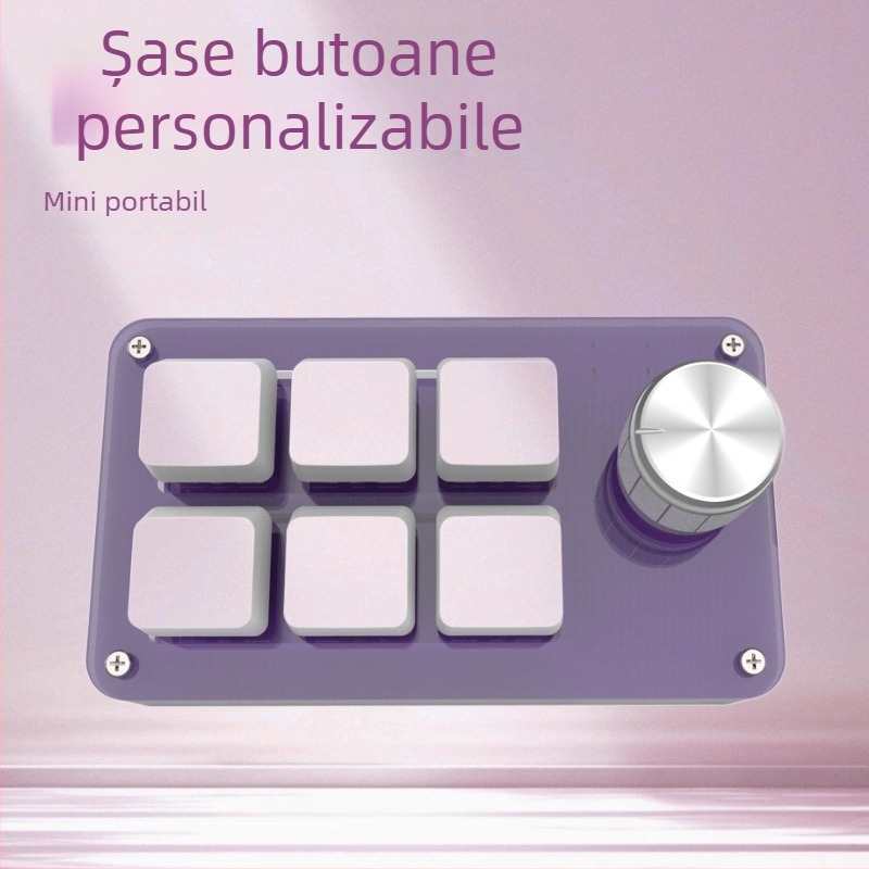 Keypad personalizat cu 6 taste pentru jocuri și scurtături de design; corp acrilic, switch-uri mecanice cu ax verde, interfață USB, suport pentru personalizare, copiere și lipire cu un singur buton