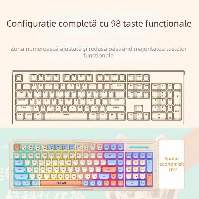 Set de tastatură și mouse cu iluminare RGB, taste silențioase, pentru desktop – peste 98 taste, cablu 1,2 m, ABS