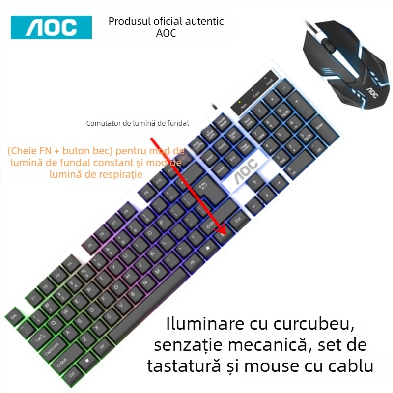 Set Tastatură și Mouse pentru gaming - 104 taste, cablu, iluminat, material ABS, tehnologie Crater Architecture