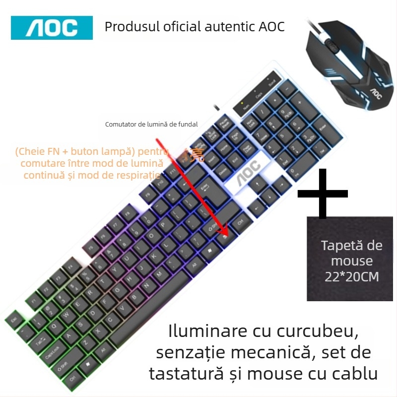 Set Tastatură și Mouse pentru gaming - 104 taste, cablu, iluminat, material ABS, tehnologie Crater Architecture