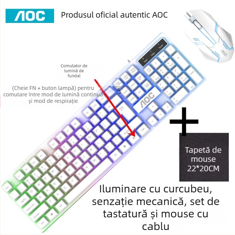 Set Tastatură și Mouse pentru gaming - 104 taste, cablu, iluminat, material ABS, tehnologie Crater Architecture