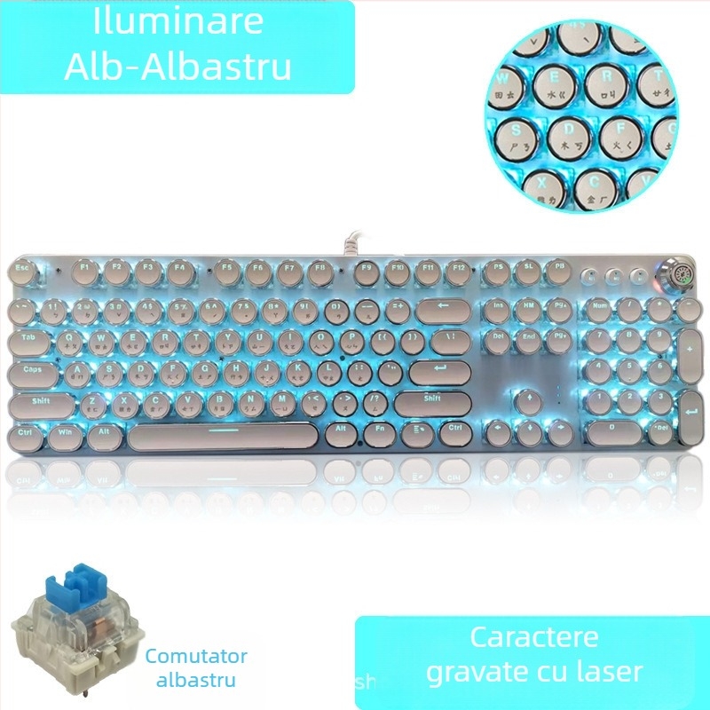 Tastatură mecanică cu peste 98 de taste, conectare cablu, tip axă, corp din aliaj de aluminiu