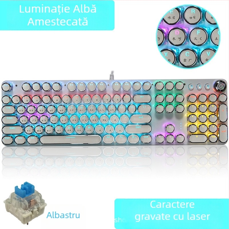 Tastatură mecanică cu peste 98 de taste, conectare cablu, tip axă, corp din aliaj de aluminiu