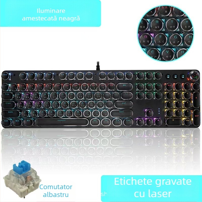 Tastatură mecanică cu peste 98 de taste, conectare cablu, tip axă, corp din aliaj de aluminiu