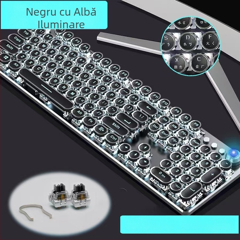 Tastatură mecanică cu peste 98 de taste, conectare cablu, tip axă, corp din aliaj de aluminiu