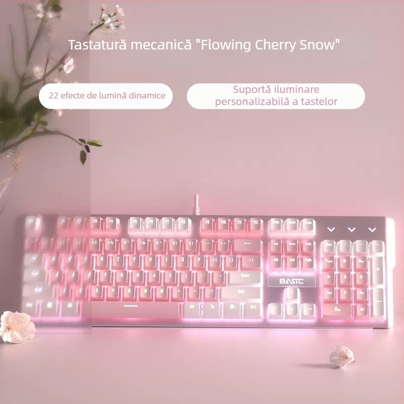 Tastatură mecanică Snow Moon-Sakura Falling Snow, 104 tastele, cablată, aliaj de aluminiu